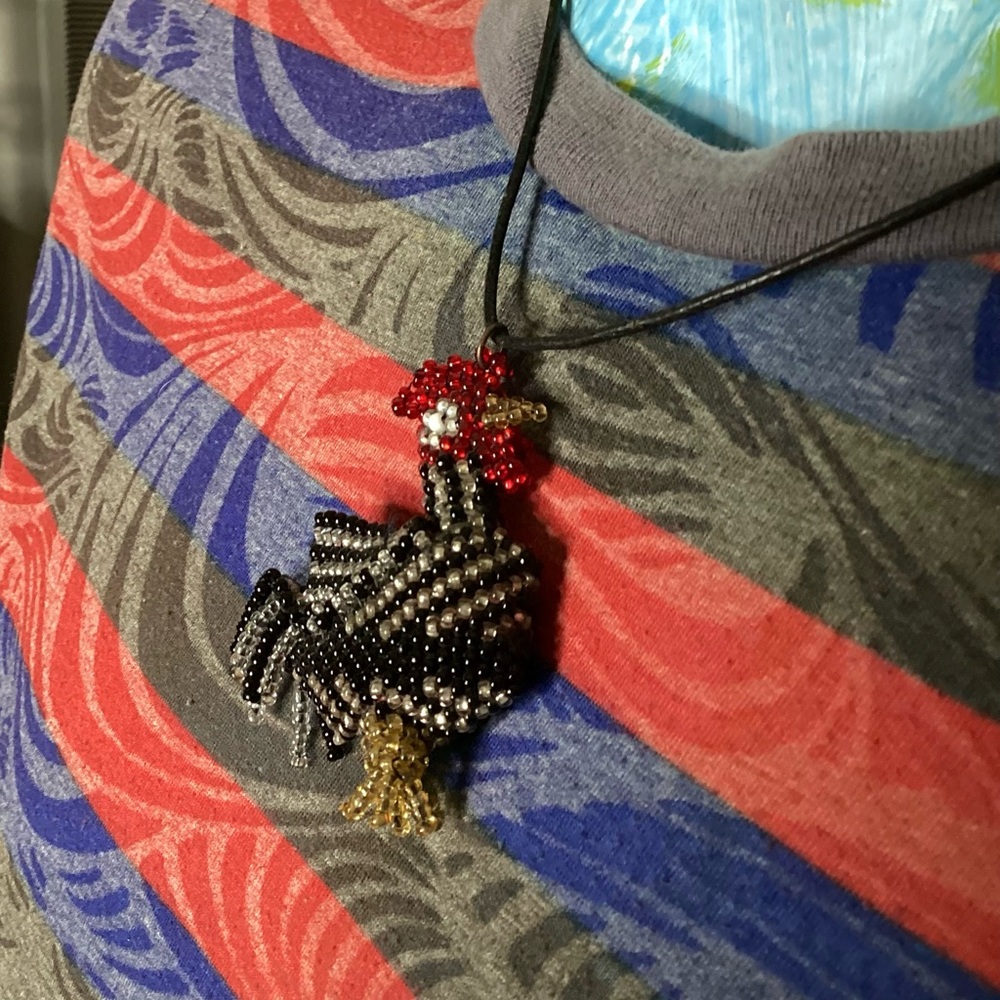 Vintage rice bead  3D chicken on leather cord